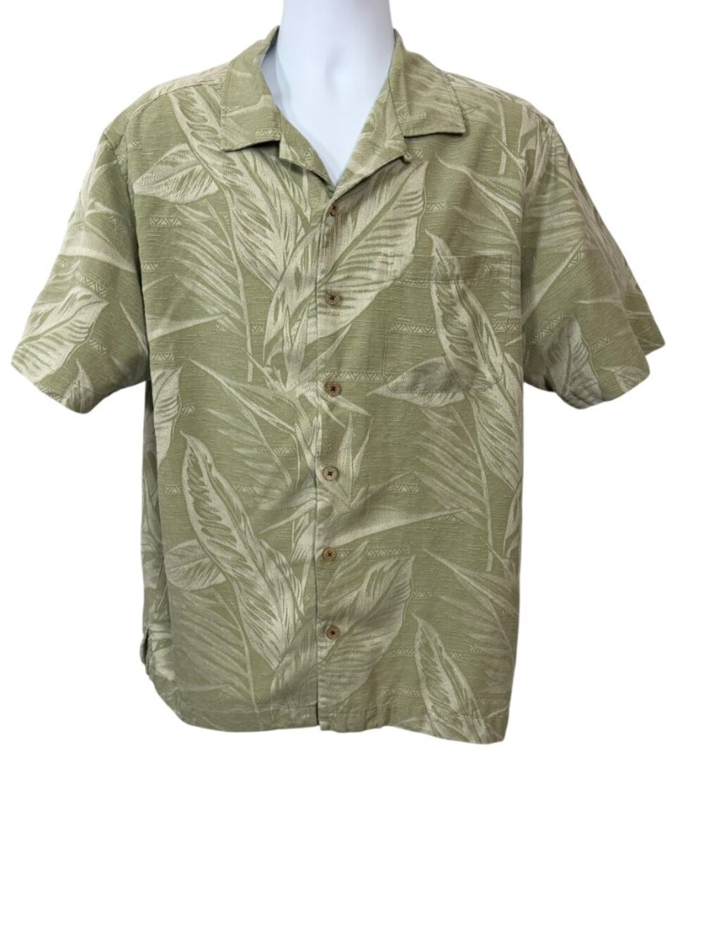 Caribbean Joe Men's Silk Hawaiian Leaf Shirt Sage Green Silk Size  L